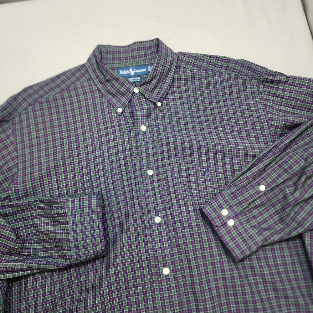 Ralph Lauren Button Down Shirt Green Purple Plaid Yarmouth Mens 17 34/35